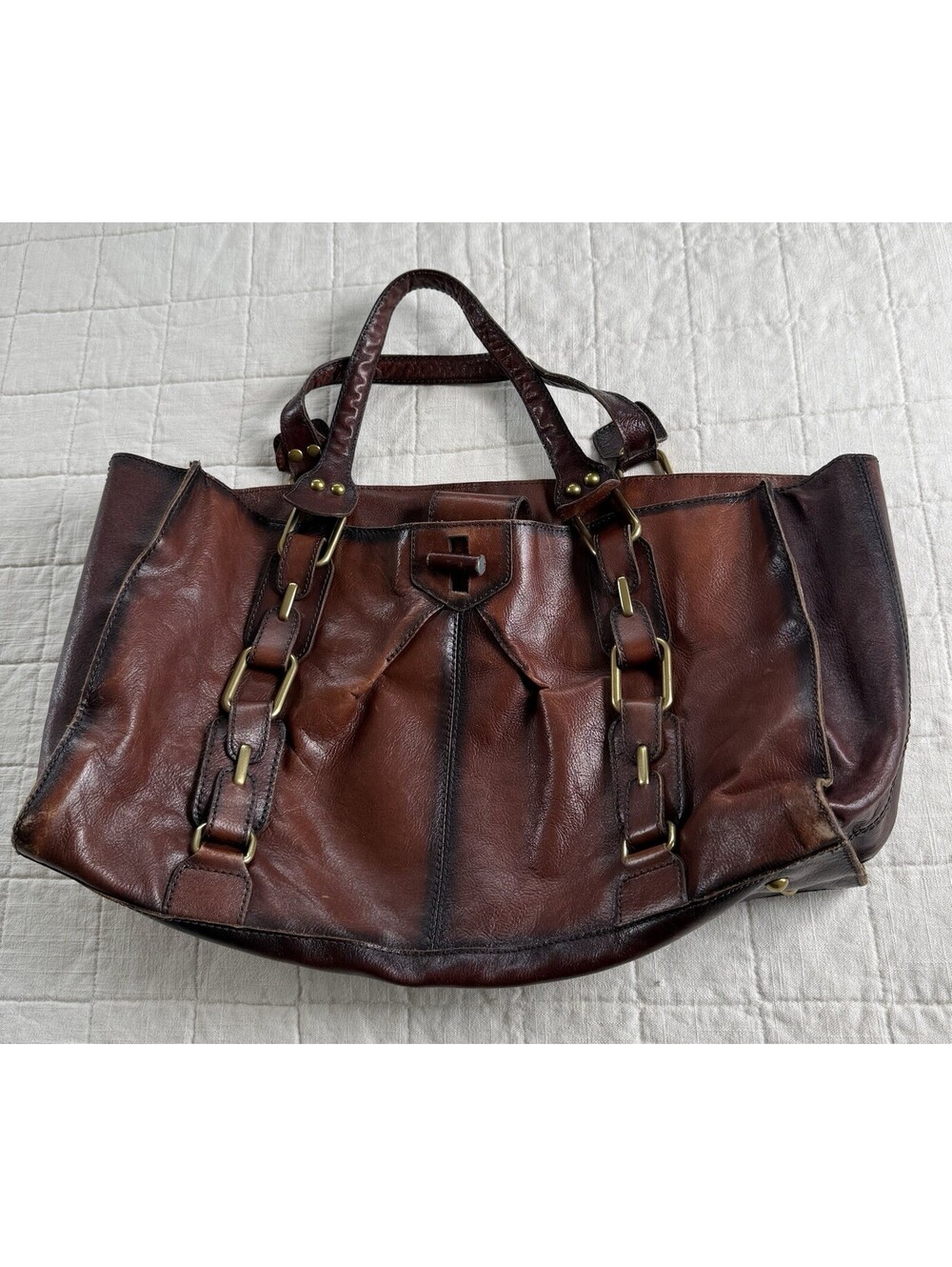 Kate Landry Brown Leather Shoulder Bag Large Tote Distressed Burnished Boho